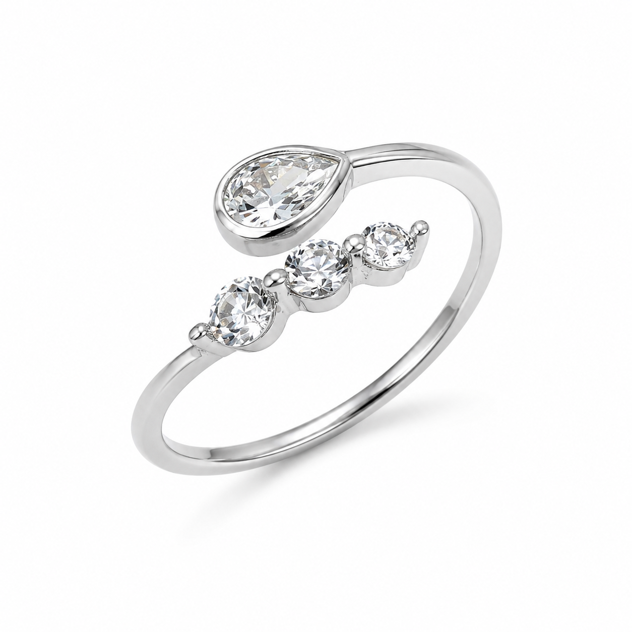 925 Sterling Silver Pear & Round CZ Adjustable Open Ring.