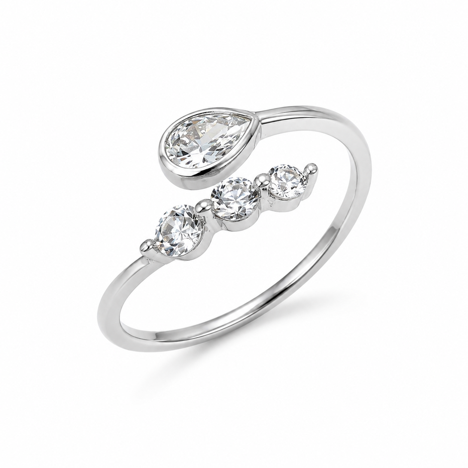 925 Sterling Silver Pear & Round CZ Adjustable Open Ring.