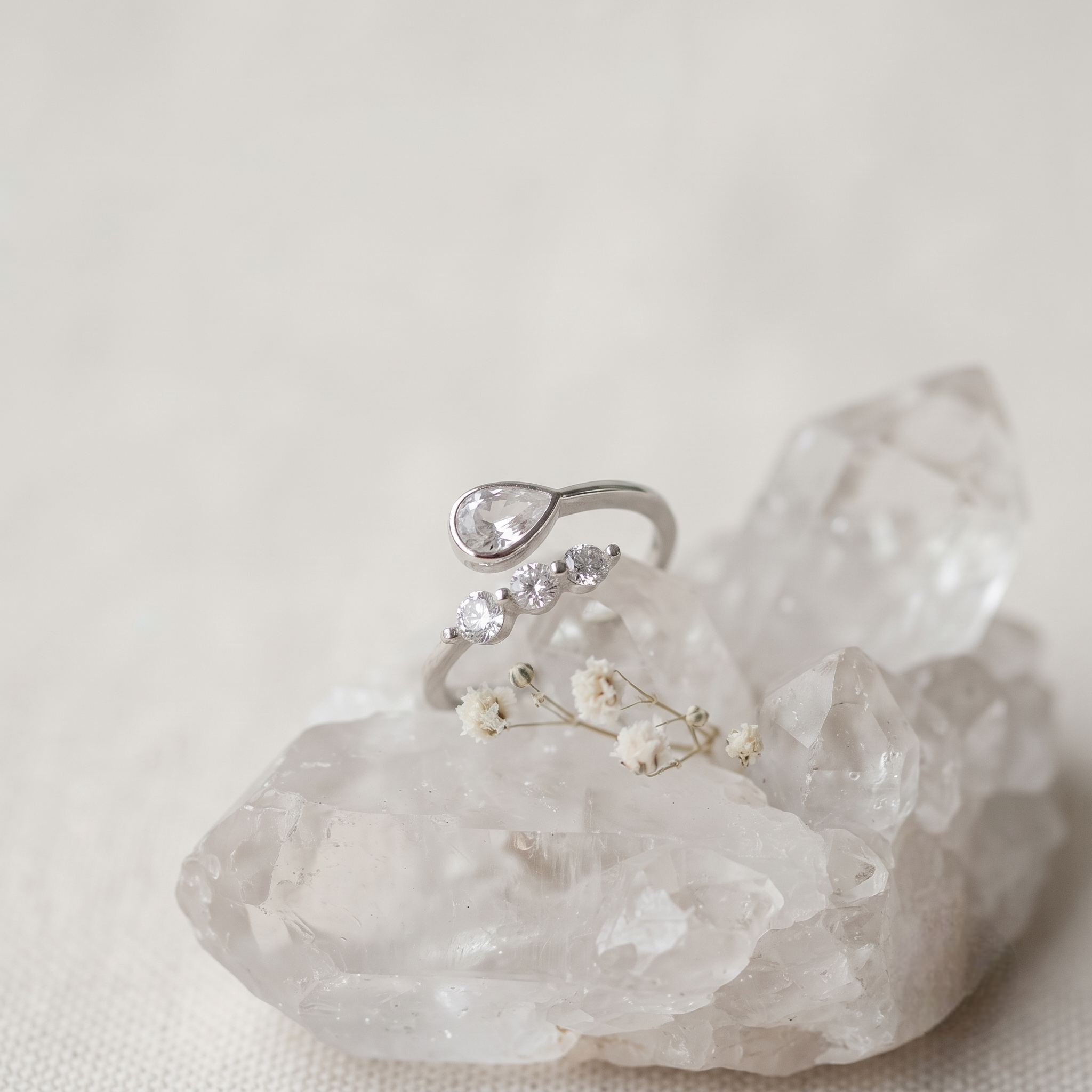 925 Sterling Silver Pear & Round CZ Adjustable Open Ring.