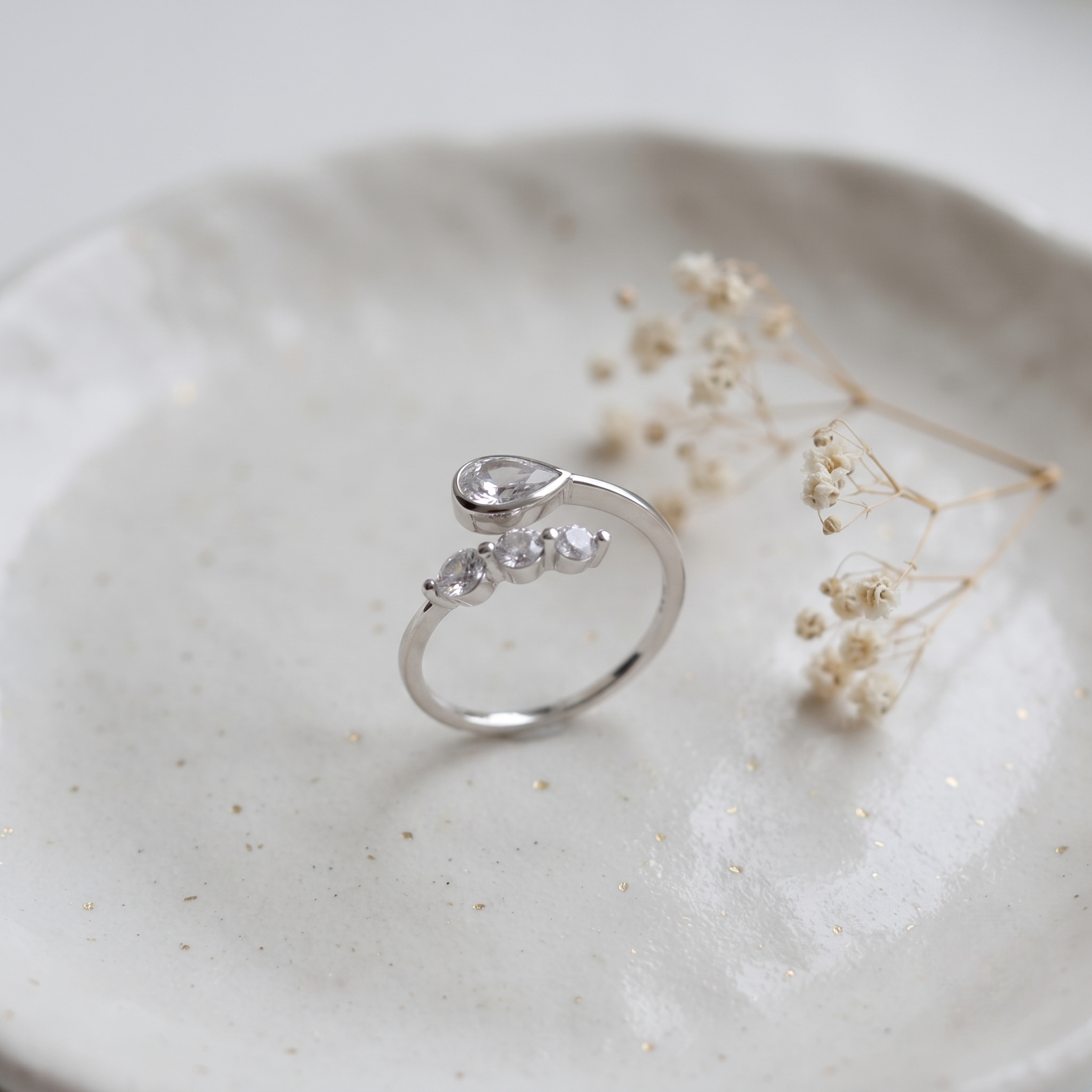 925 Sterling Silver Pear & Round CZ Adjustable Open Ring.