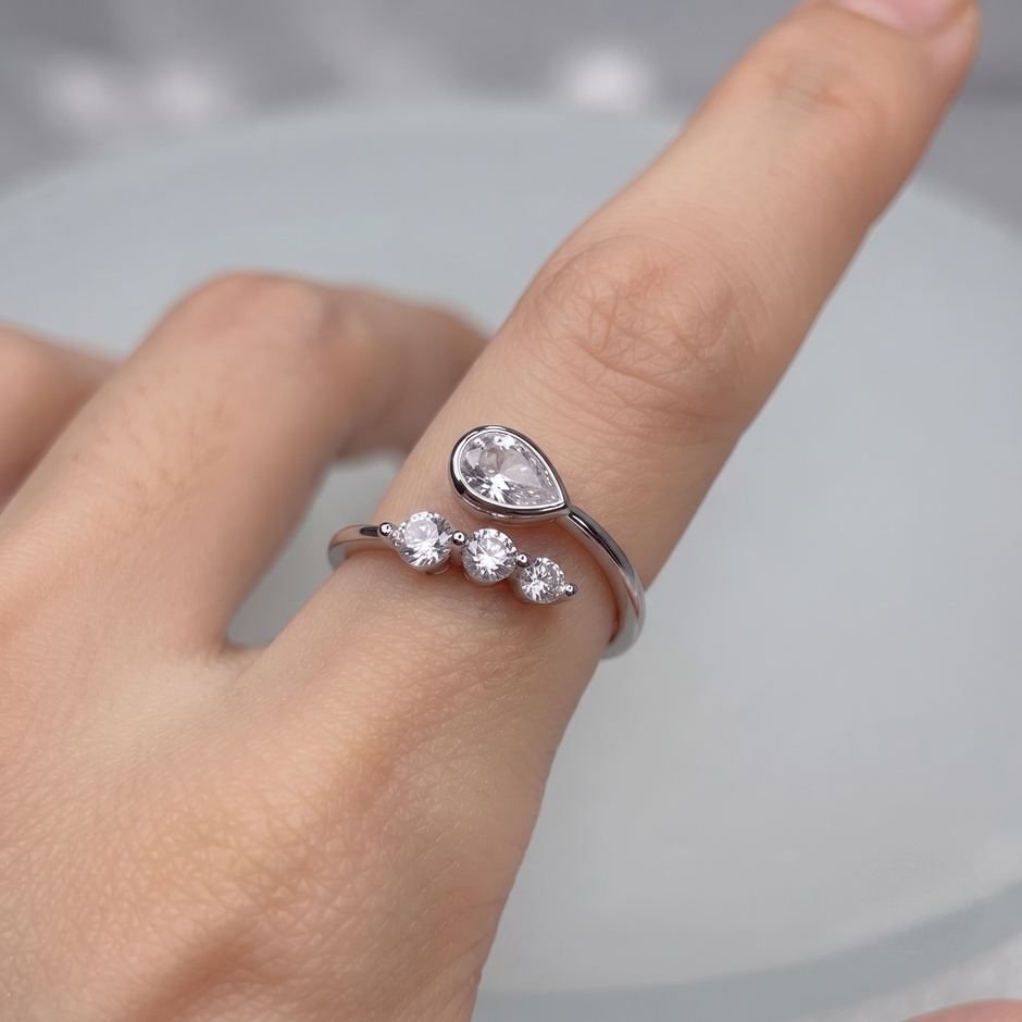 925 Sterling Silver Pear & Round CZ Adjustable Open Ring.