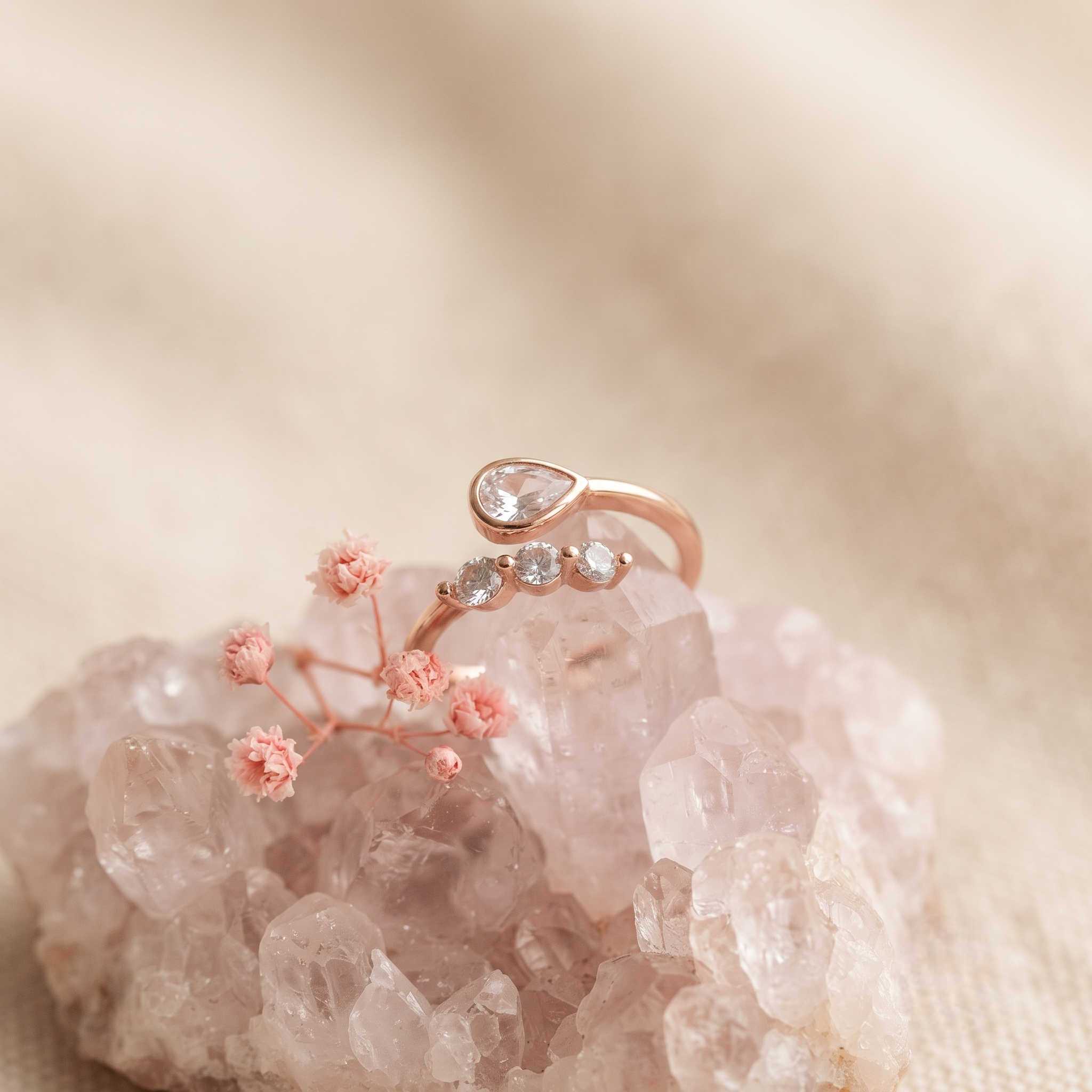 925 Sterling Silver Rose Gold Pear & Marquise CZ Open Ring.