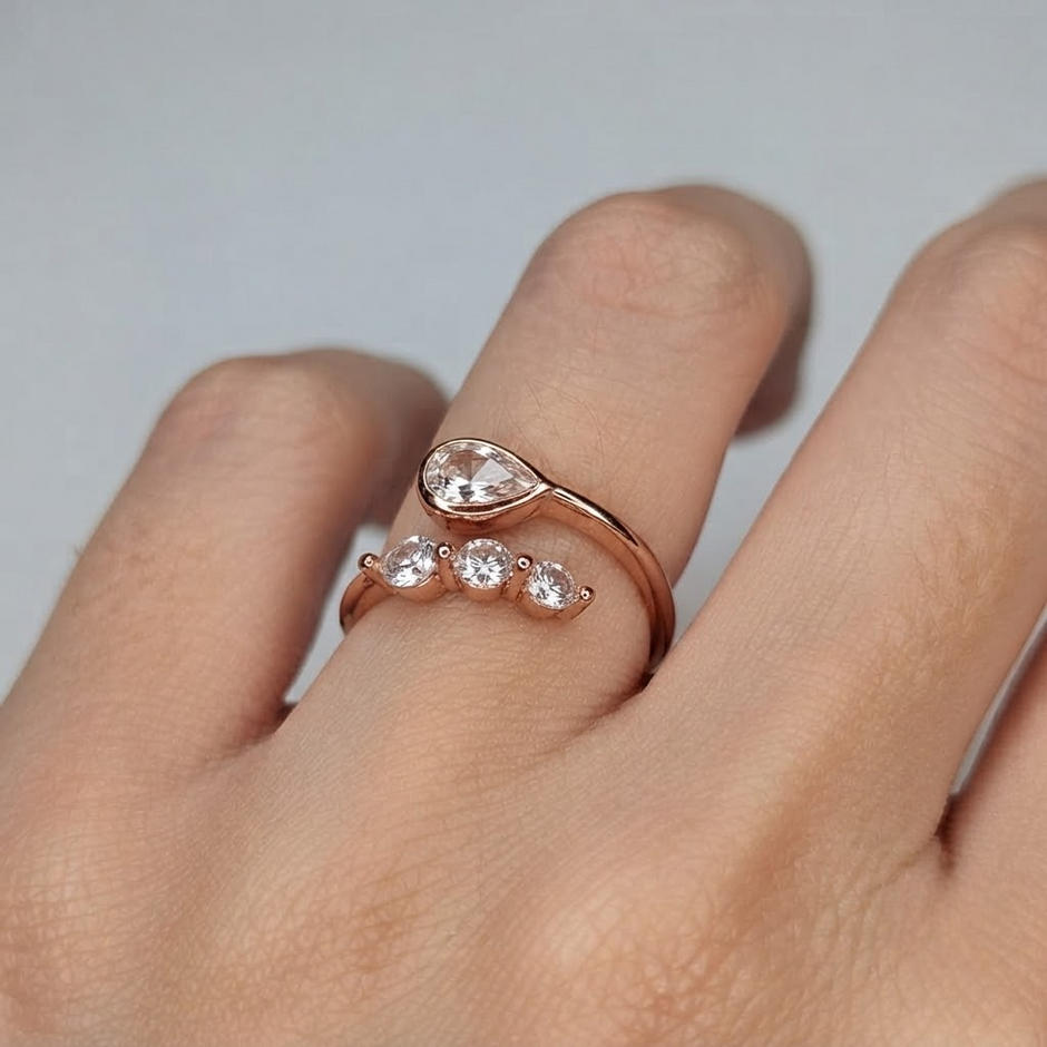 925 Sterling Silver Rose Gold Pear & Marquise CZ Open Ring.