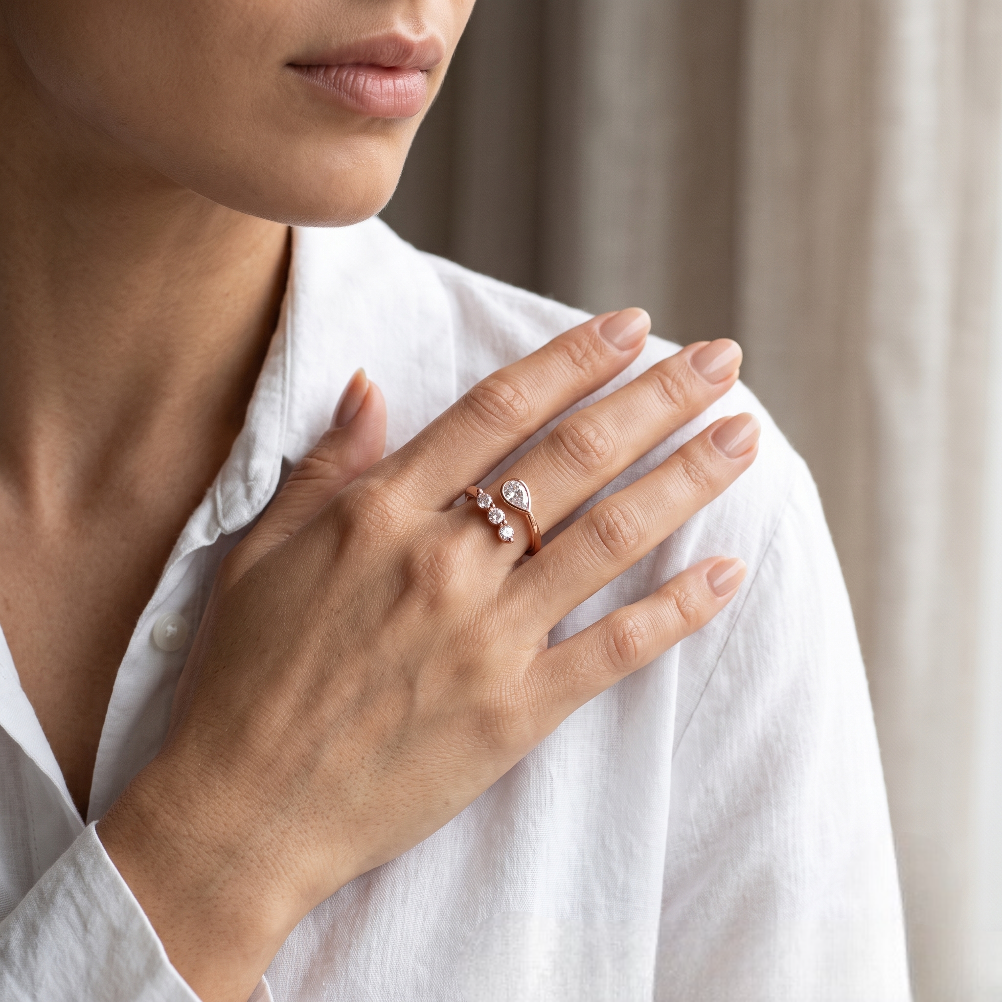 925 Sterling Silver Rose Gold Pear & Marquise CZ Open Ring.