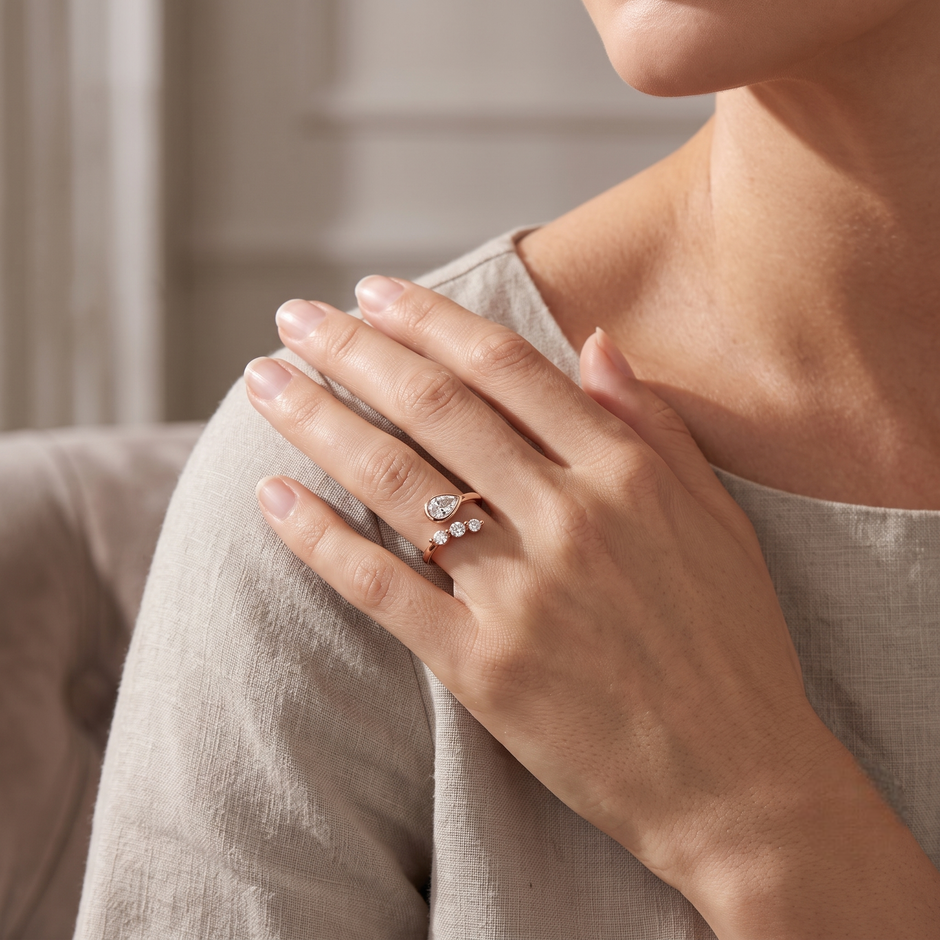 925 Sterling Silver Rose Gold Pear & Marquise CZ Open Ring.