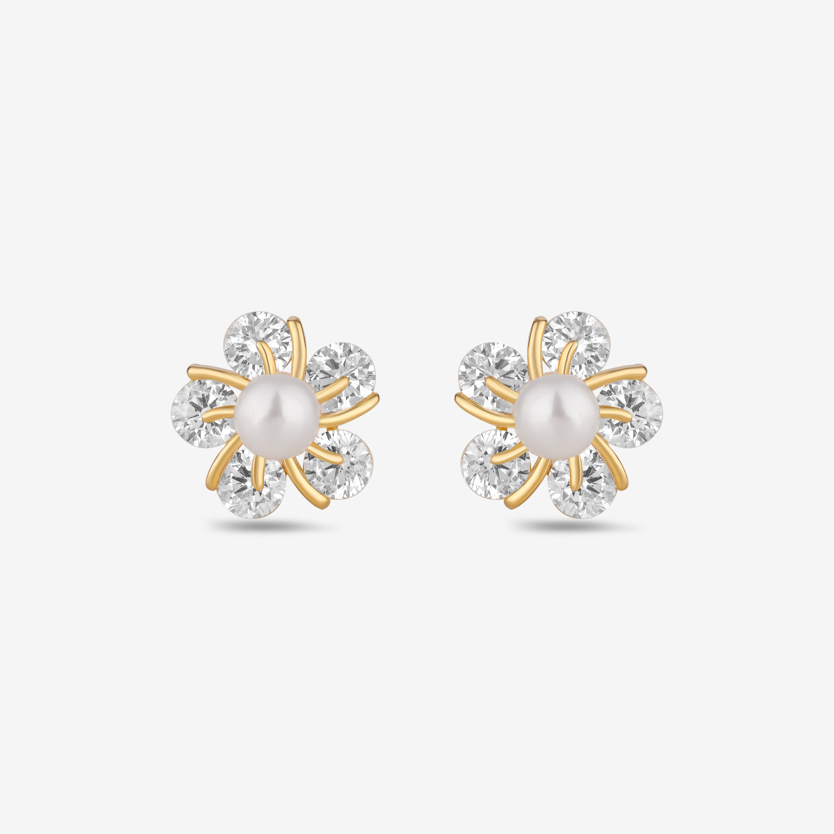 Pearl Bloom Diamond Flower Gold Stud Earrings