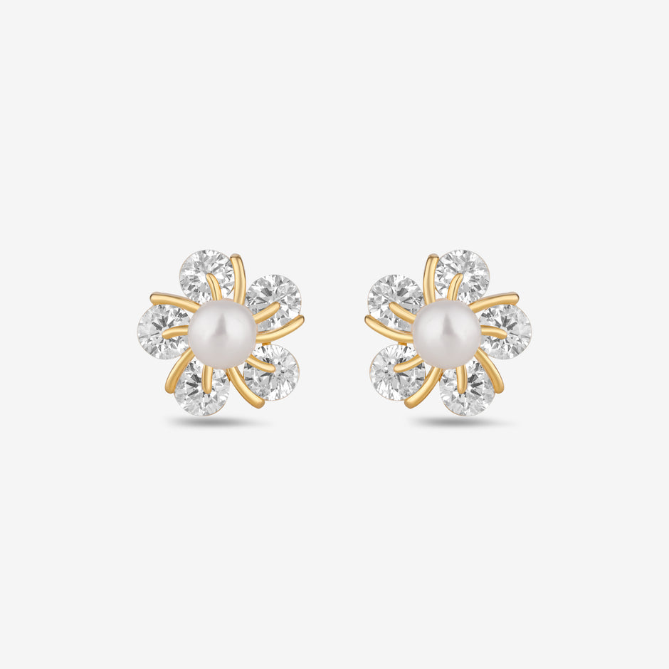 Pearl Bloom Diamond Flower Gold Stud Earrings