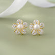 Pearl Bloom Diamond Flower Gold Stud Earrings