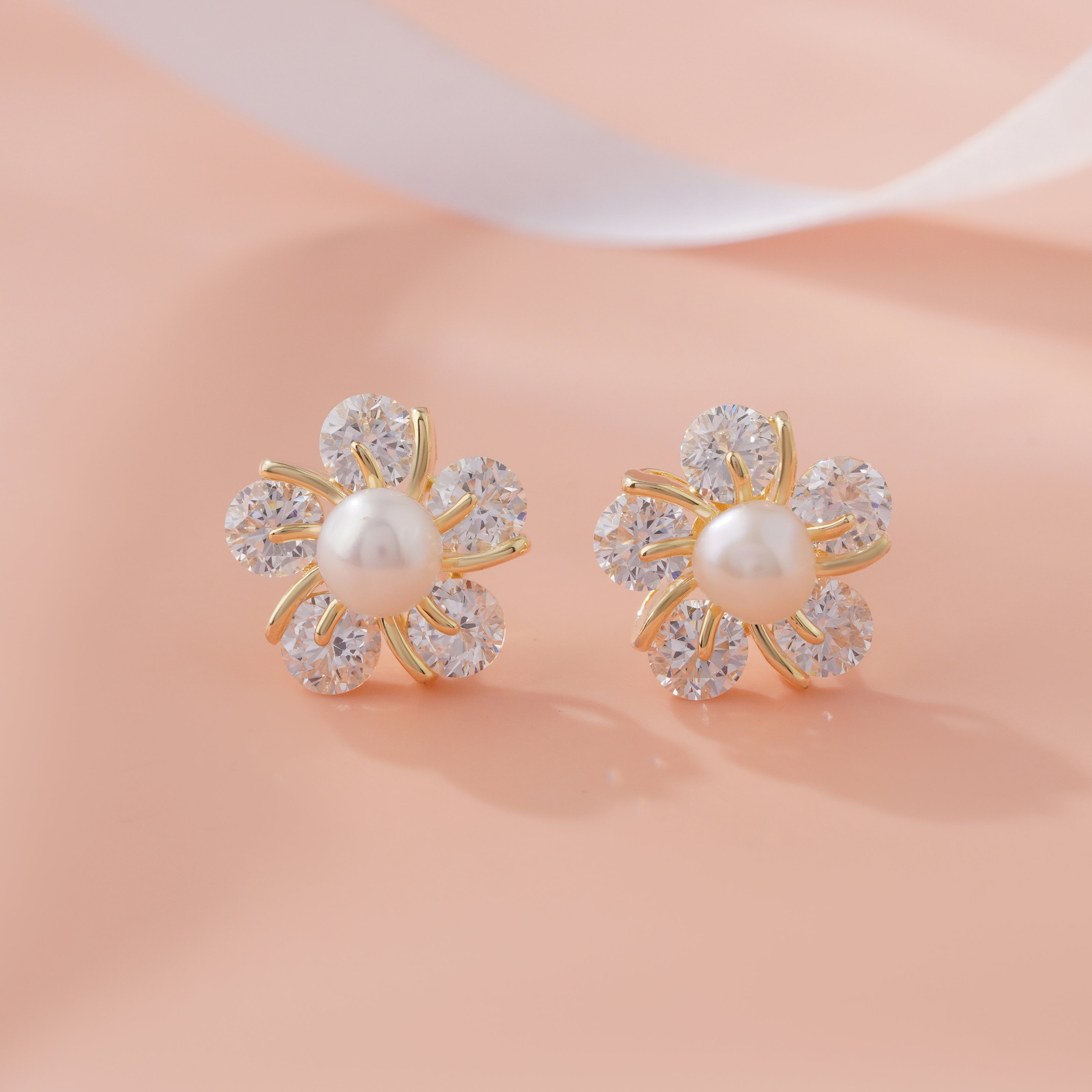 Pearl Bloom Diamond Flower Gold Stud Earrings