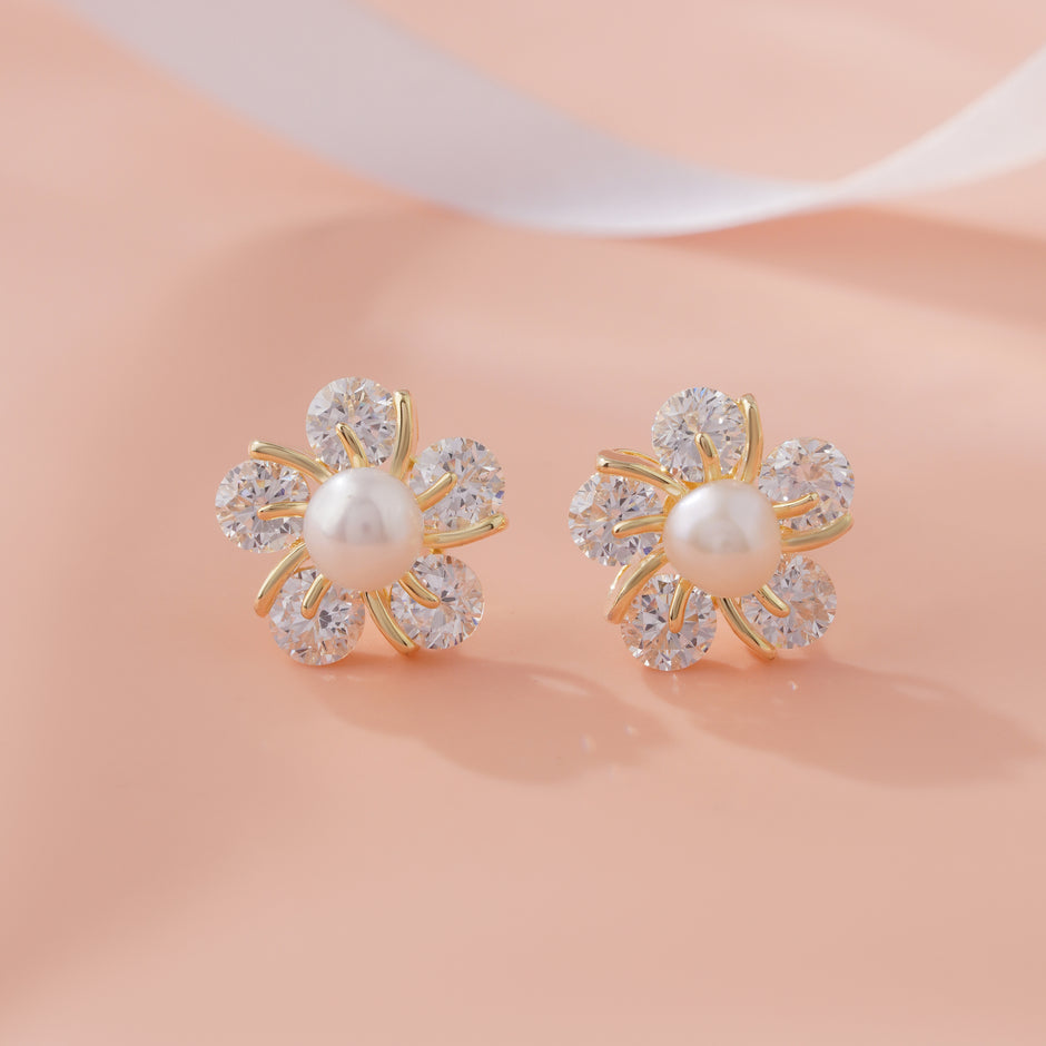 Pearl Bloom Diamond Flower Gold Stud Earrings