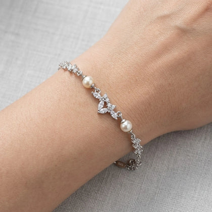 925 Sterling Silver Pearl & Floral CZ Bracelet for Women