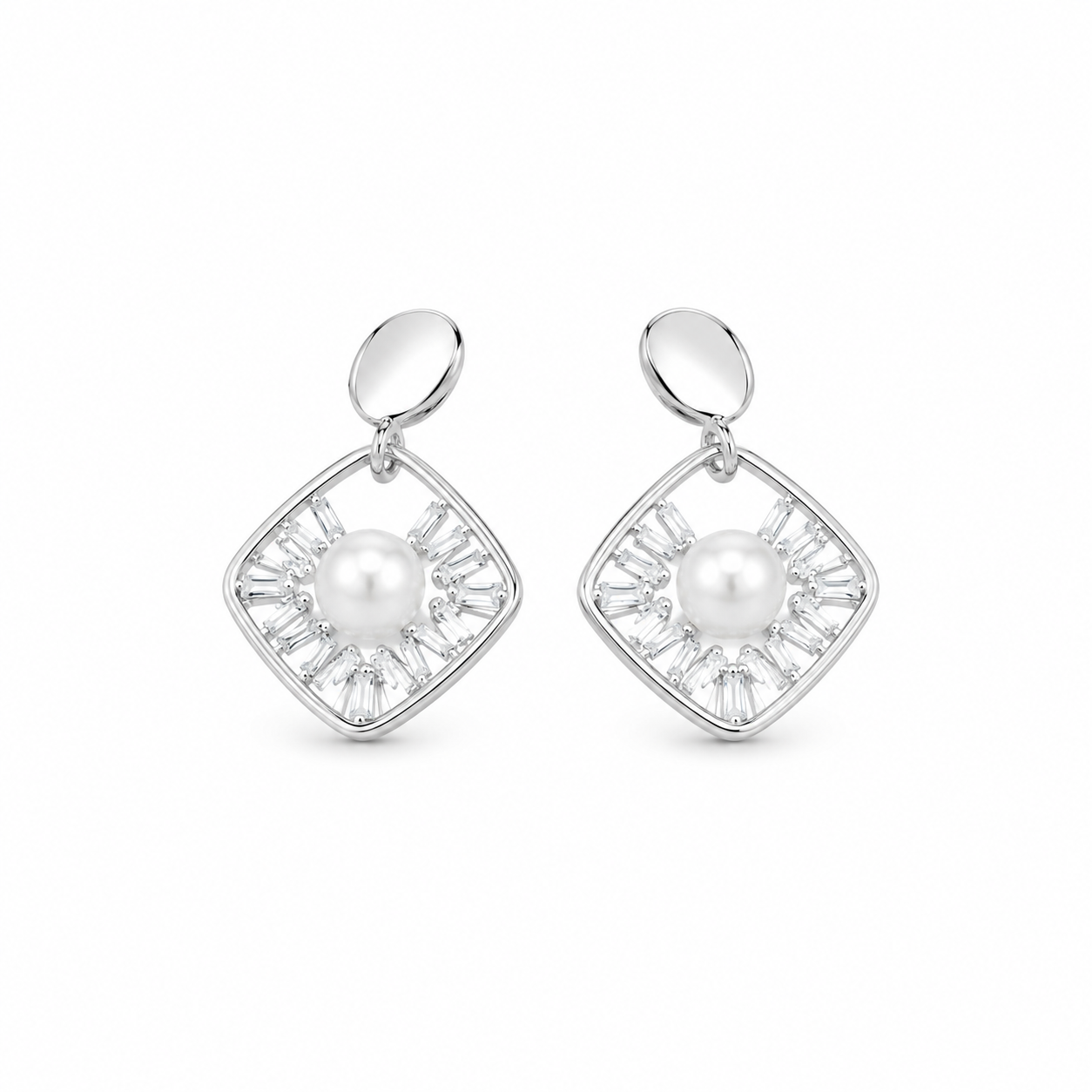 Elegant Pearl & Baguette CZ 925 Sterling Silver Drop Earrings for Women