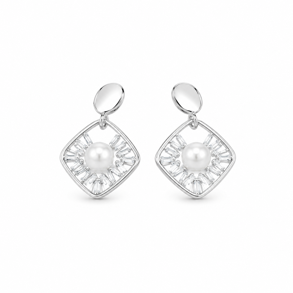 Elegant Pearl & Baguette CZ 925 Sterling Silver Drop Earrings for Women