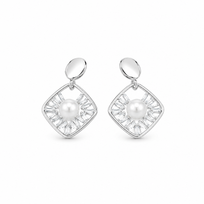 Elegant Pearl & Baguette CZ 925 Sterling Silver Drop Earrings for Women