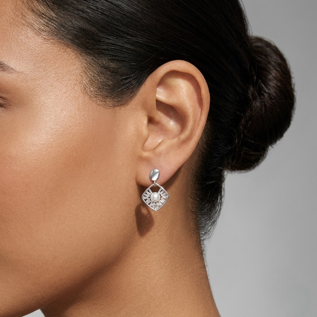 Elegant Pearl & Baguette CZ 925 Sterling Silver Drop Earrings for Women
