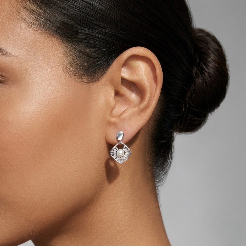 Elegant Pearl & Baguette CZ 925 Sterling Silver Drop Earrings for Women