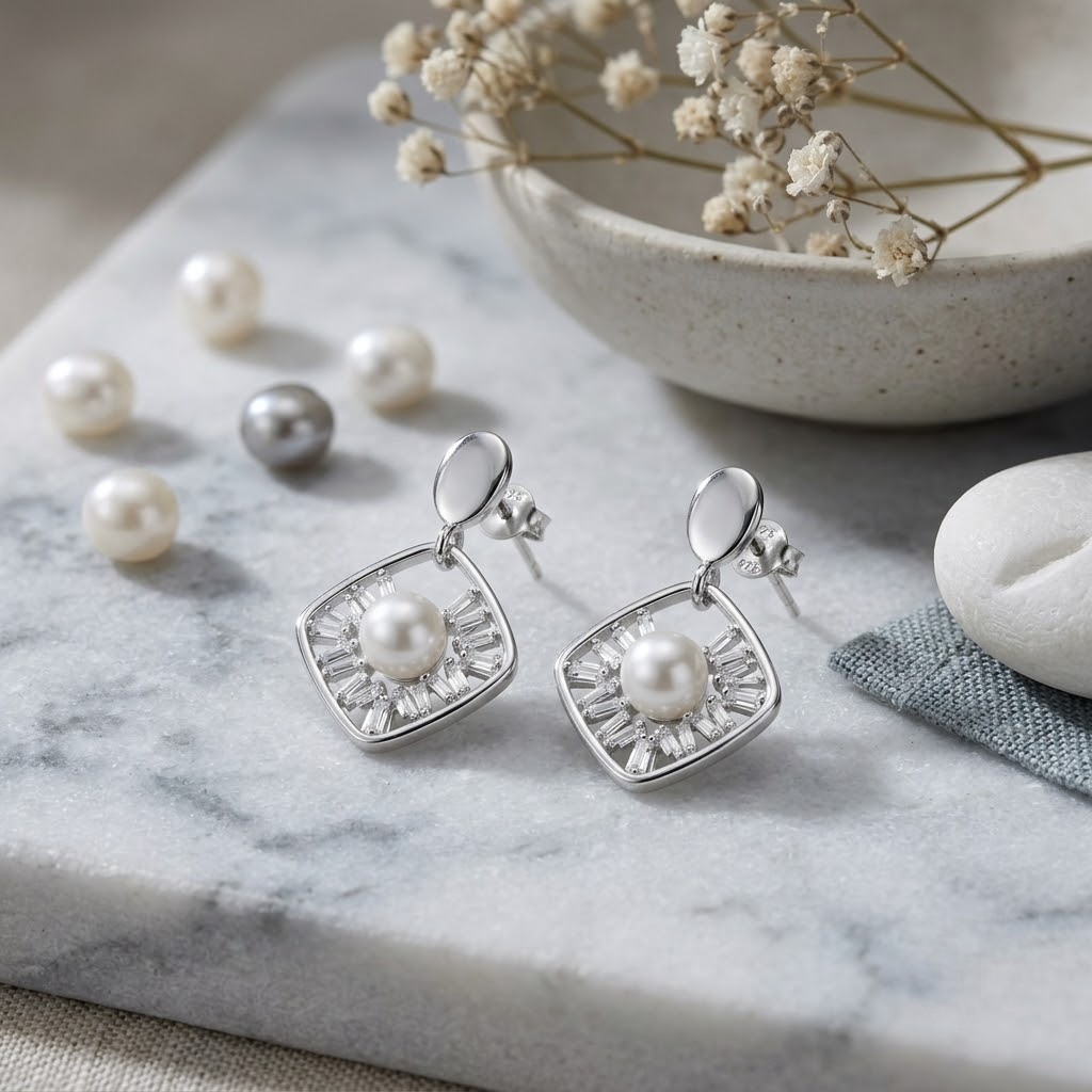 Elegant Pearl & Baguette CZ 925 Sterling Silver Drop Earrings for Women
