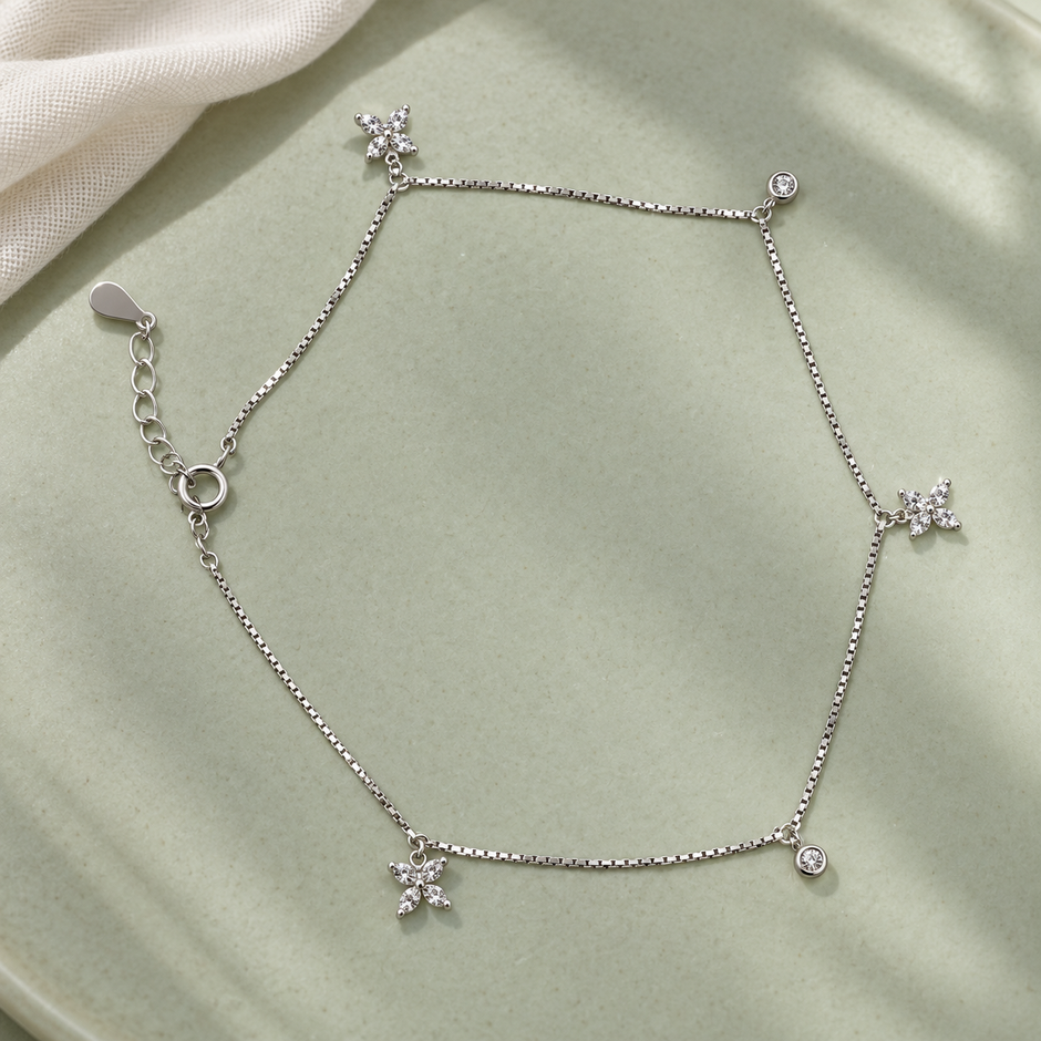 Petal Sparkle Silver Charm Anklet