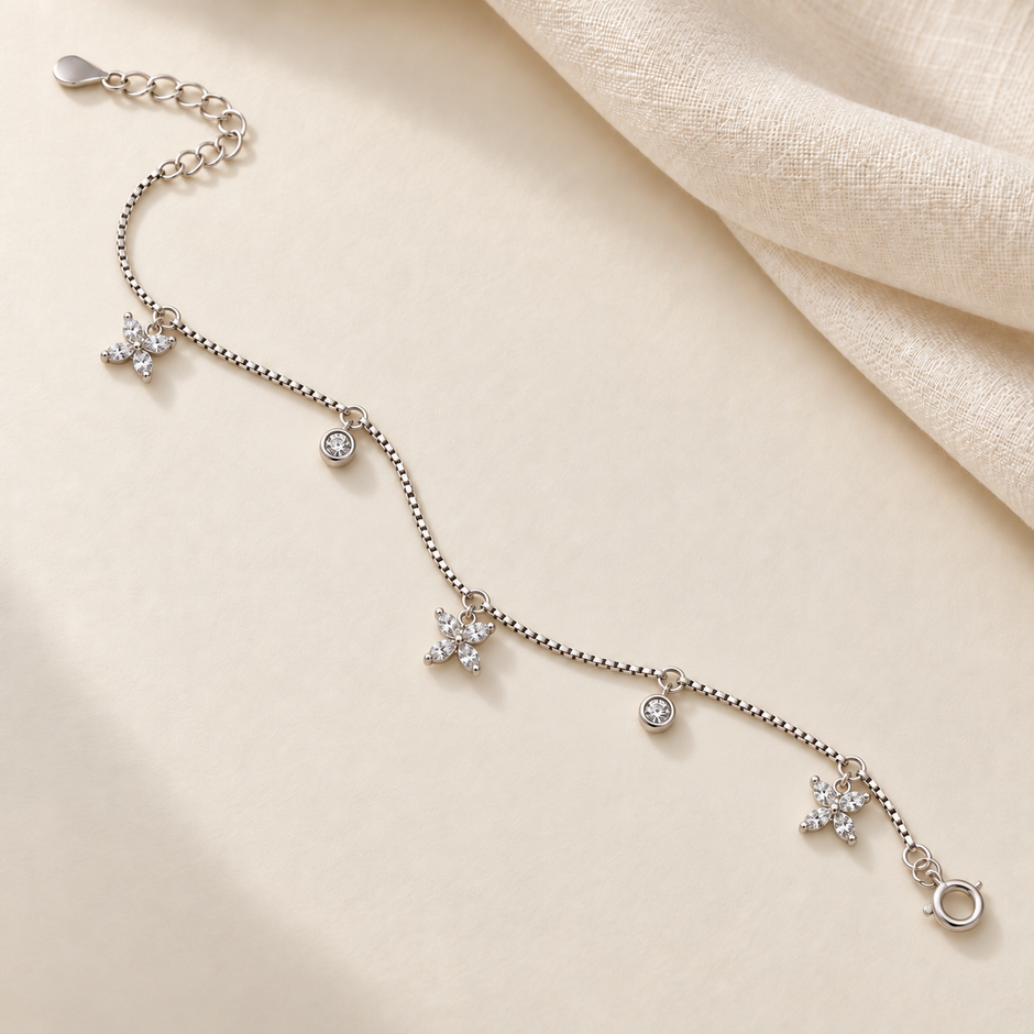 Petal Sparkle Silver Charm Anklet