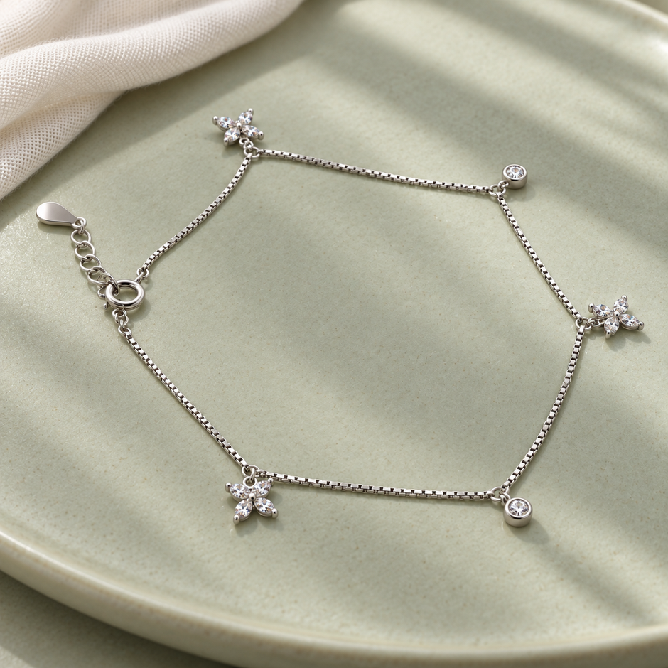 Petal Sparkle Silver Charm Anklet