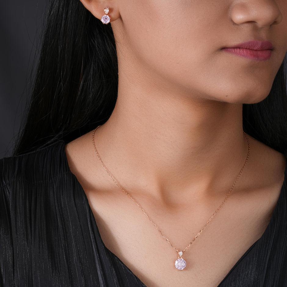 Pink Crystal 925 Sterling Silver Rose Gold Pendant Set for Women