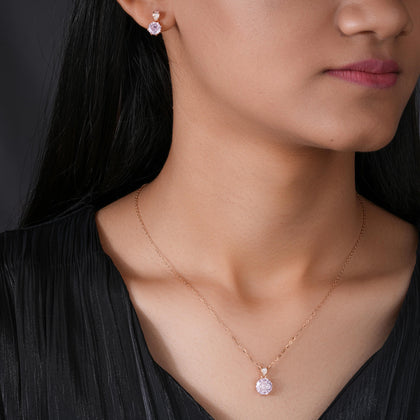 Pink Crystal 925 Sterling Silver Rose Gold Pendant Set for Women