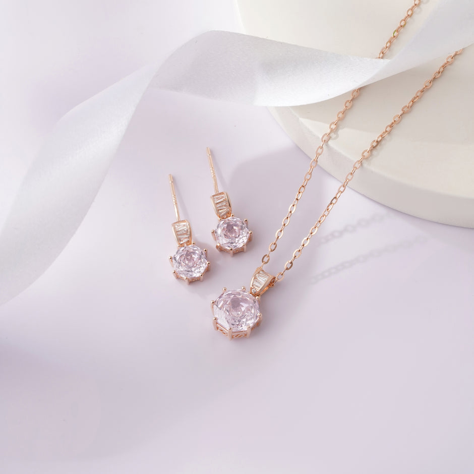 Pink Crystal 925 Sterling Silver Rose Gold Pendant Set for Women