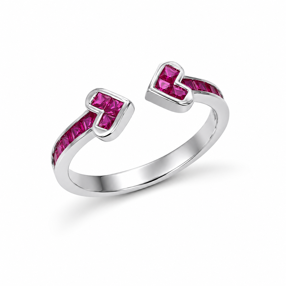 925 Sterling Silver Open Heart Ruby CZ Adjustable Ring on Natural Stone with Red Roses.