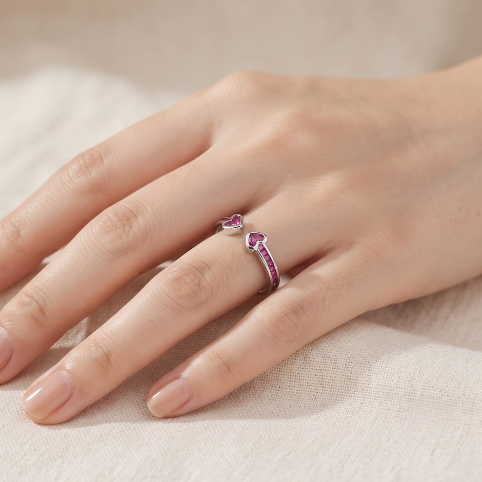925 Sterling Silver Open Heart Ruby CZ Adjustable Ring on Natural Stone with Red Roses.