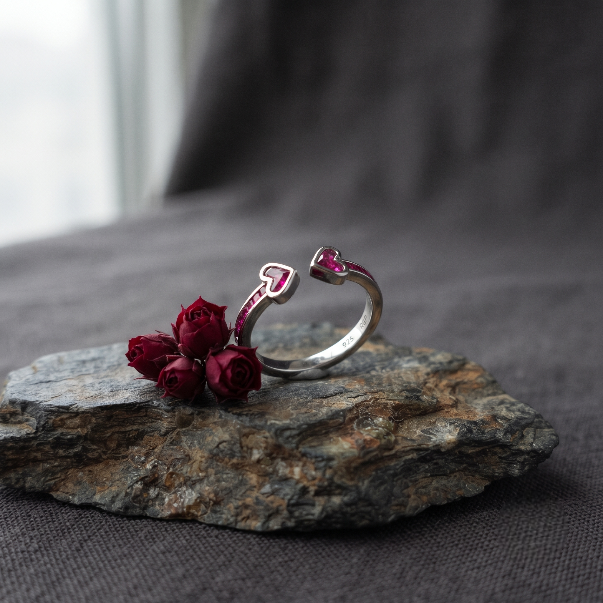 925 Sterling Silver Open Heart Ruby CZ Adjustable Ring on Natural Stone with Red Roses.