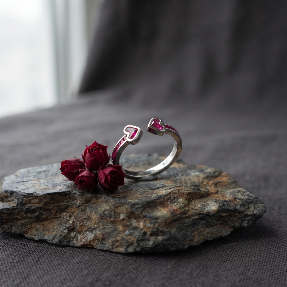 925 Sterling Silver Open Heart Ruby CZ Adjustable Ring on Natural Stone with Red Roses.