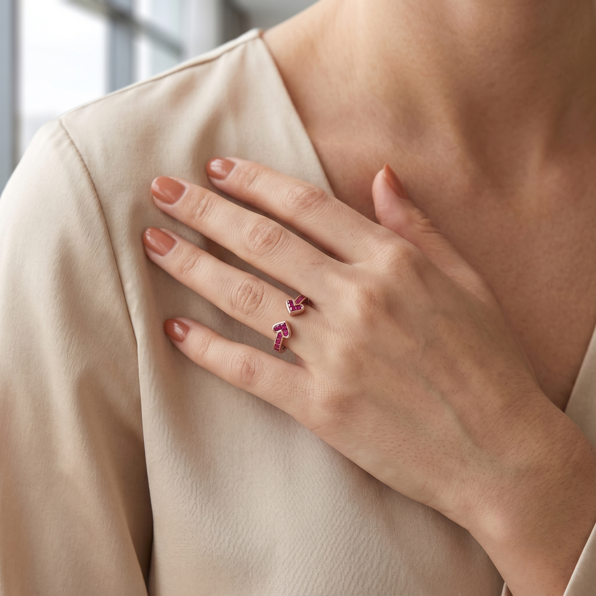 925 Sterling Silver Open Heart Ruby CZ Adjustable Ring on Natural Stone with Red Roses.