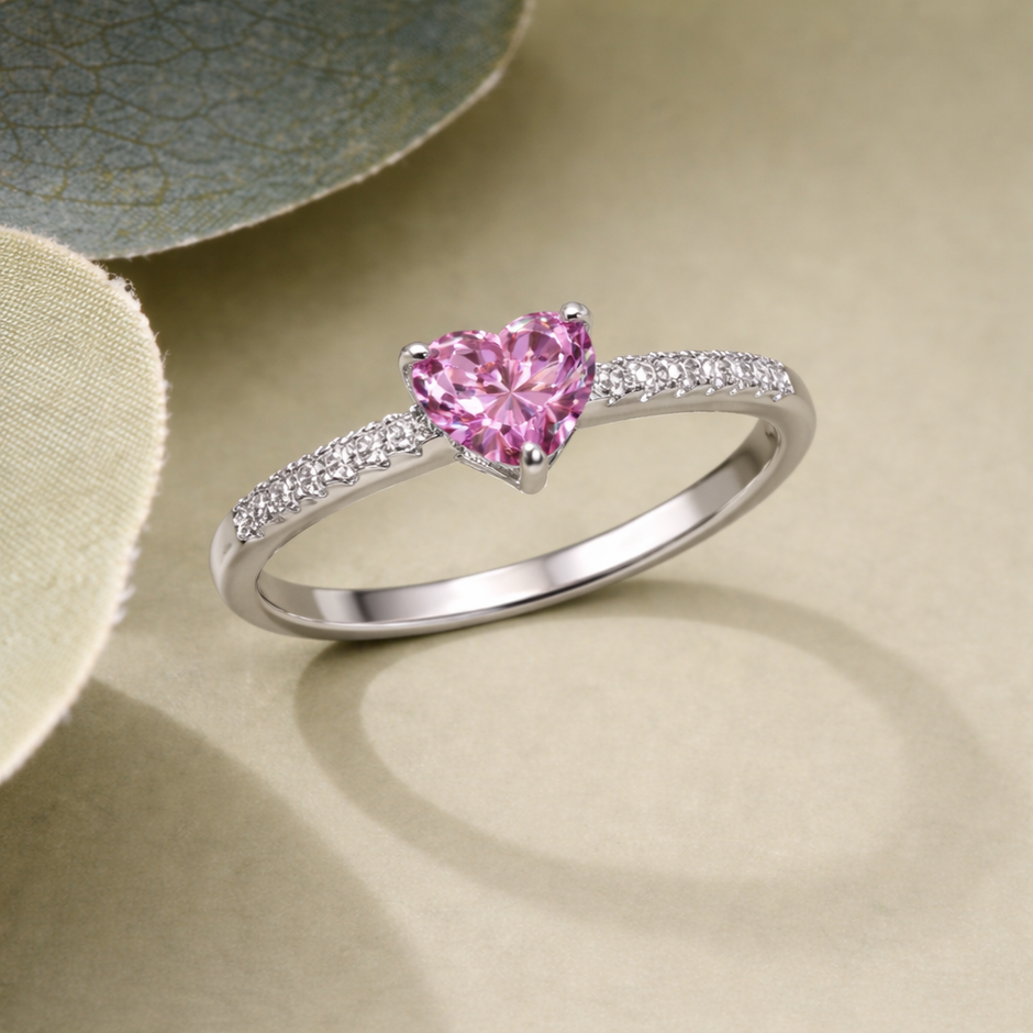Pink Heart Cut CZ Diamond Ring