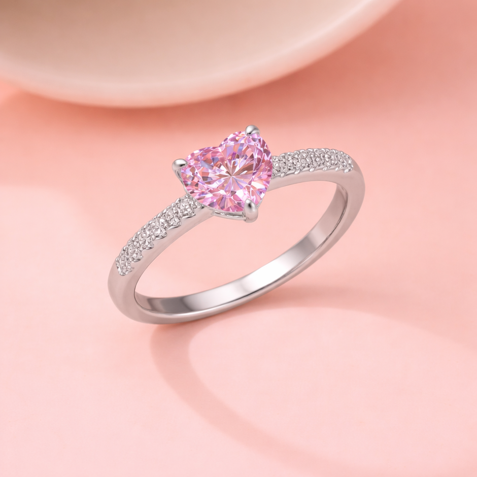 Pink Heart Cut CZ Diamond Ring