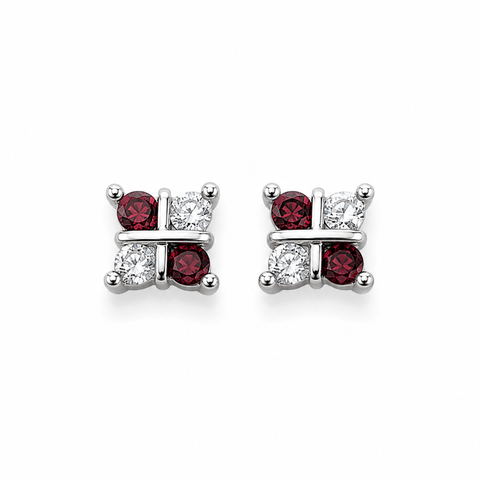 925 Sterling Silver Red & White CZ Butterfly Stud Earrings for Women on Soft Floral Background