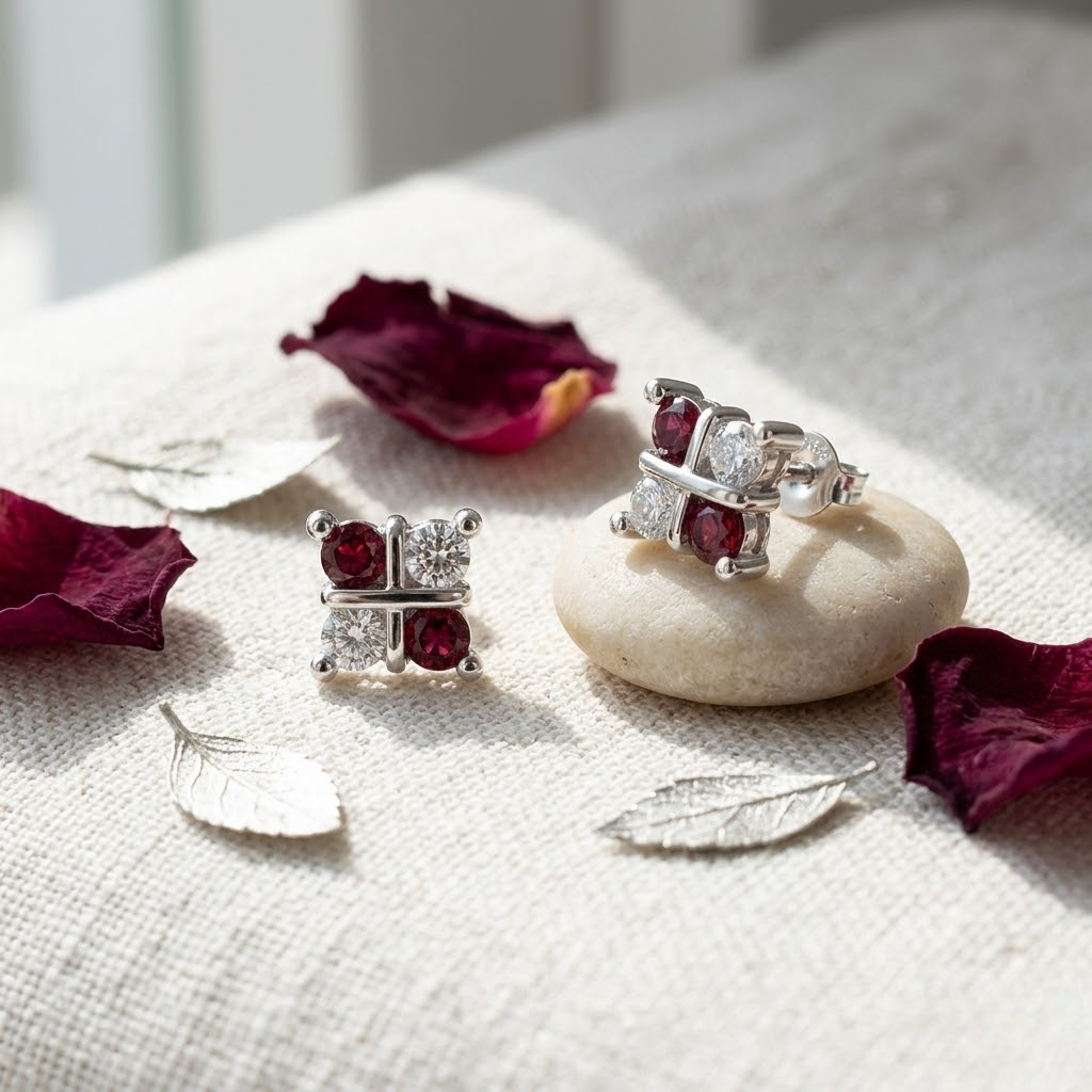 925 Sterling Silver Red & White CZ Butterfly Stud Earrings for Women on Soft Floral Background