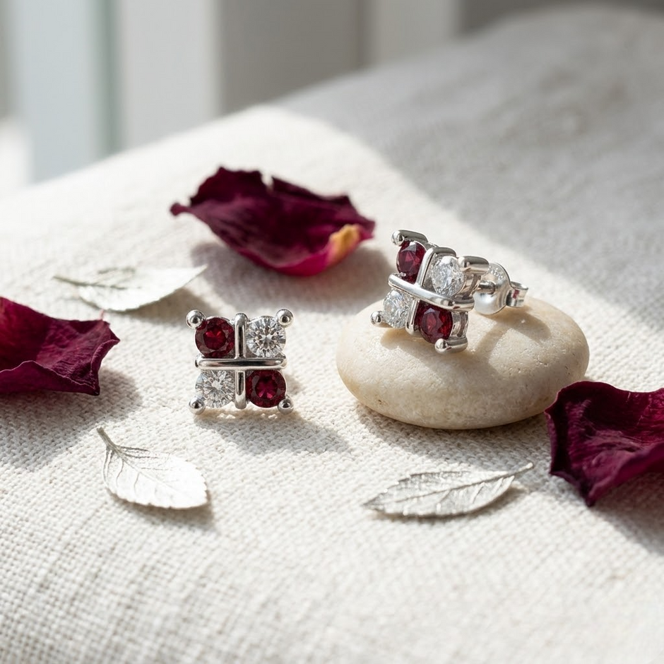 925 Sterling Silver Red & White CZ Butterfly Stud Earrings for Women on Soft Floral Background