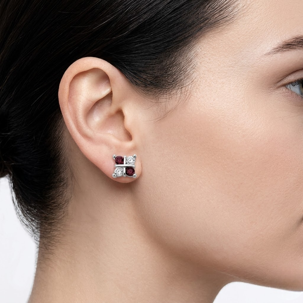 925 Sterling Silver Red & White CZ Butterfly Stud Earrings for Women on Soft Floral Background