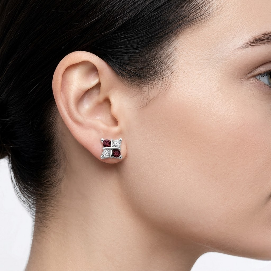 925 Sterling Silver Red & White CZ Butterfly Stud Earrings for Women on Soft Floral Background