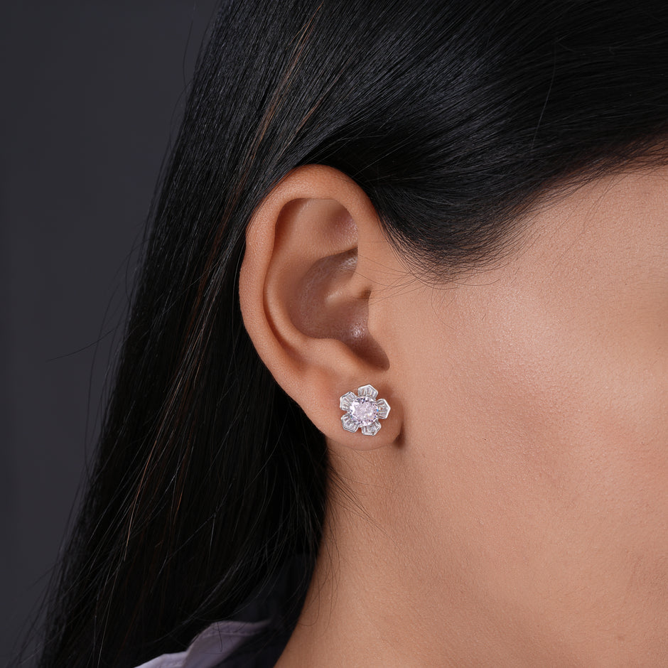 Pink Stone Flower Shape Stud Earrings