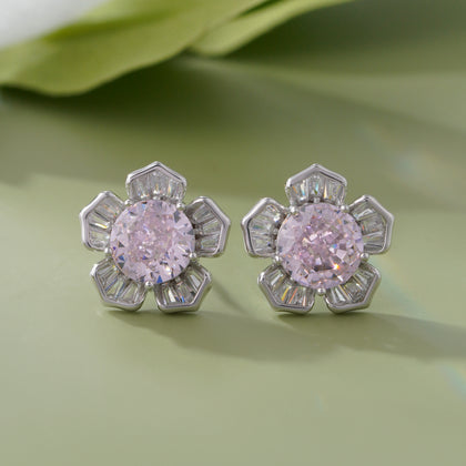 Pink Stone Flower Shape Stud Earrings