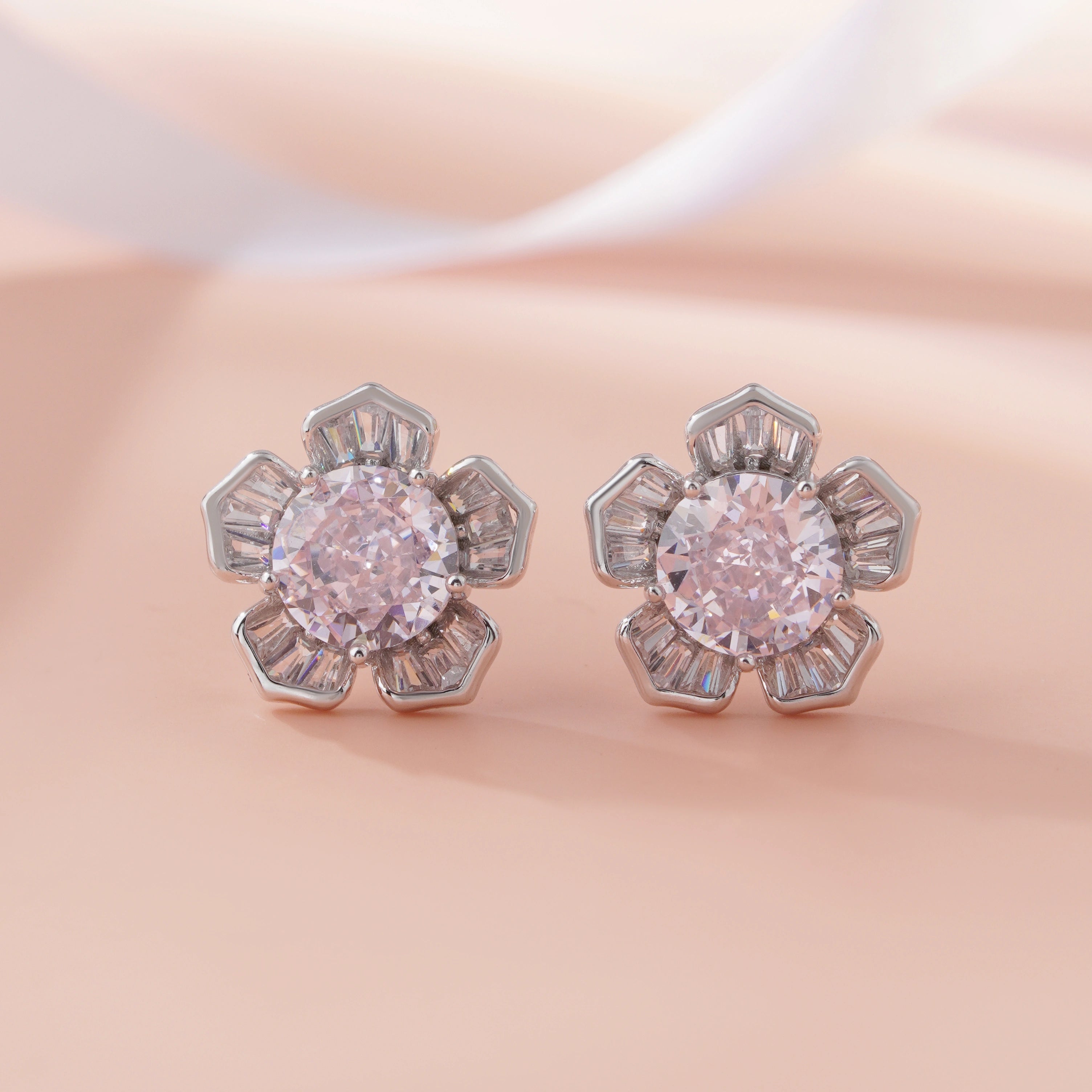 Pink Stone Flower Shape Stud Earrings