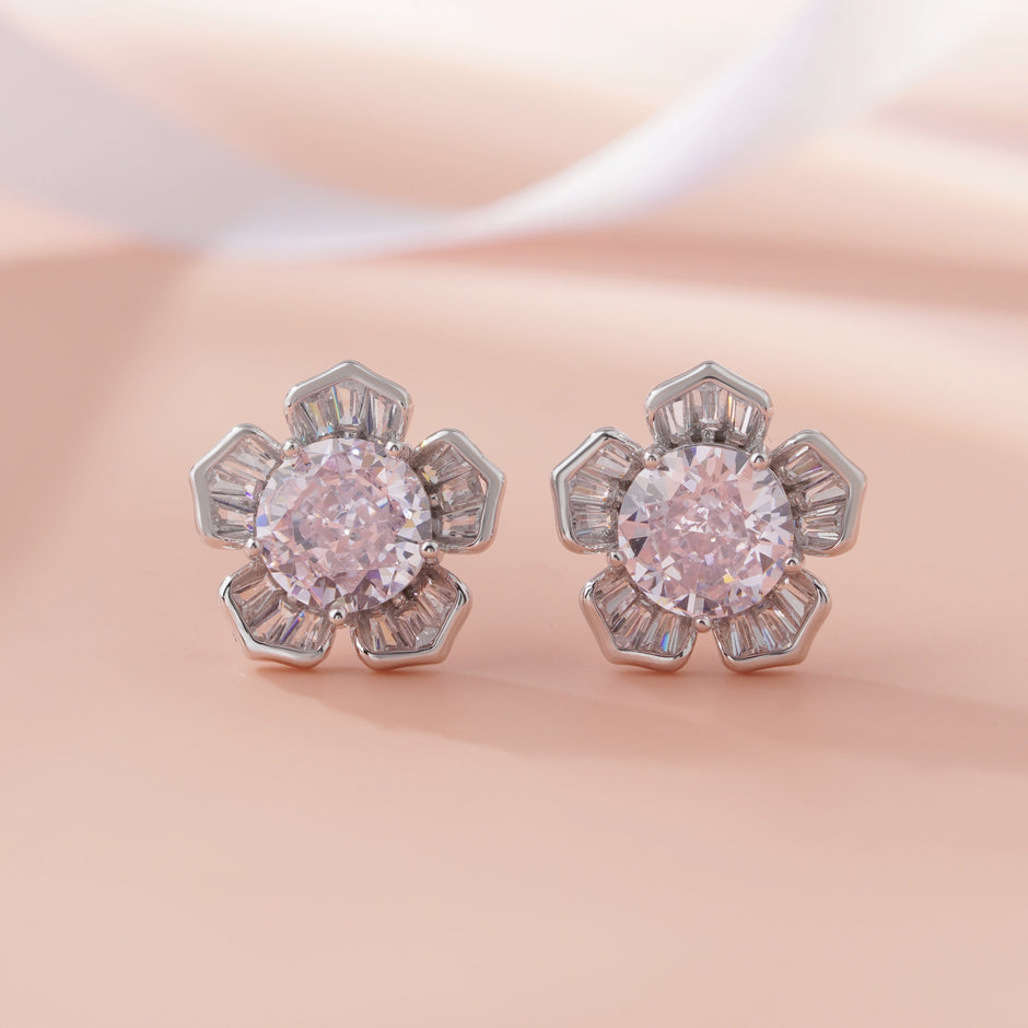 Pink Stone Flower Shape Stud Earrings