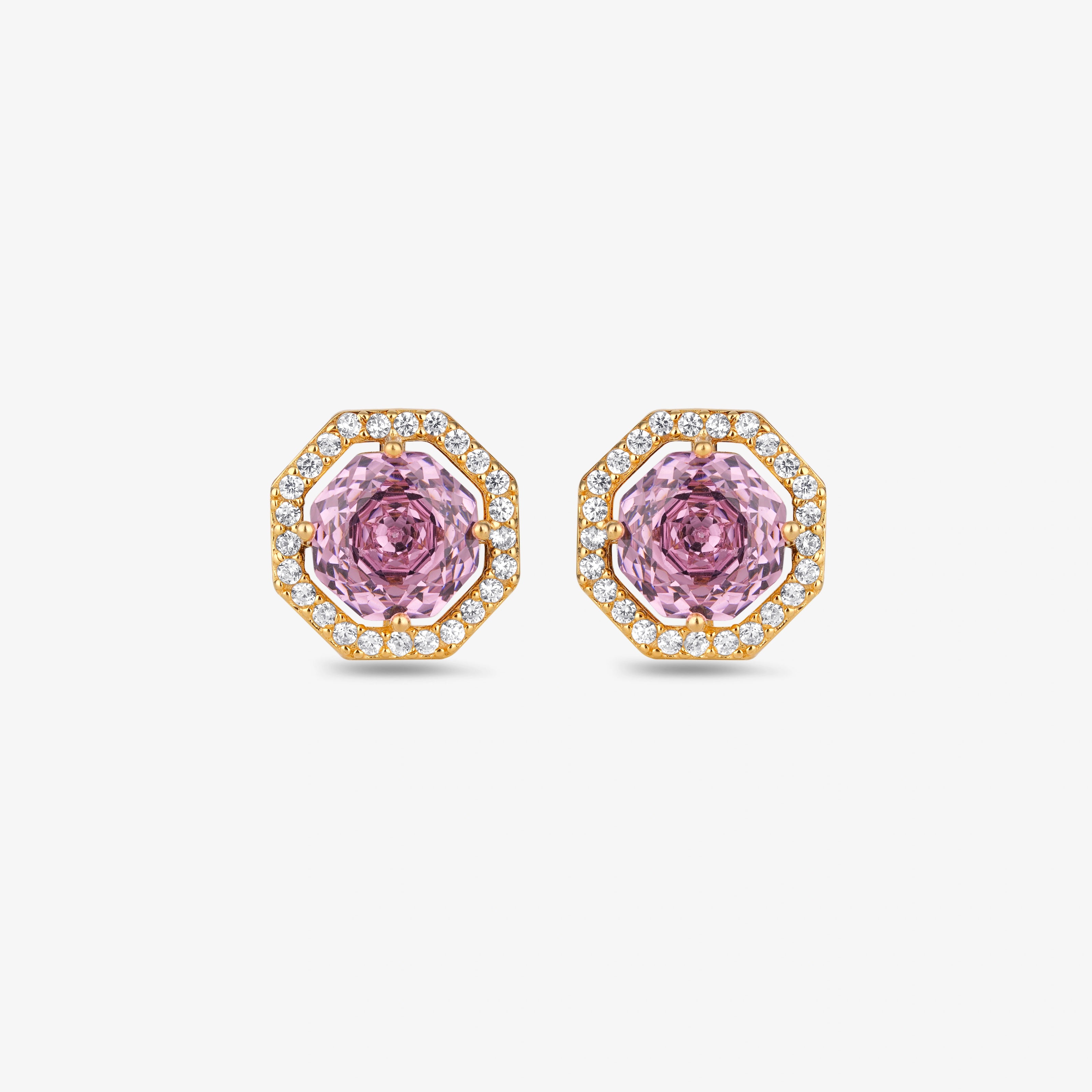 Pink Stone Round Design CZ 925 Sterling Silver Yellow Gold Stud Earrings for Women