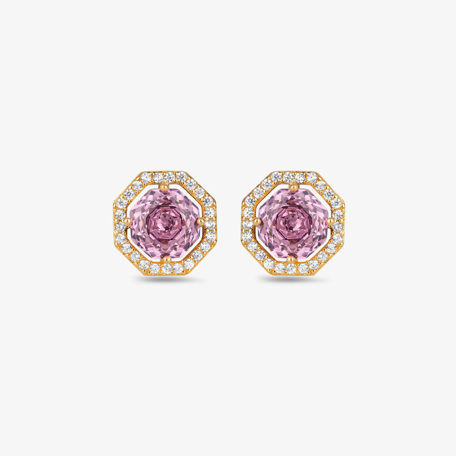Pink Stone Round Design CZ 925 Sterling Silver Yellow Gold Stud Earrings for Women