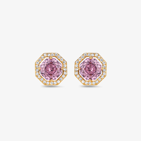 Pink Stone Round Design CZ 925 Sterling Silver Yellow Gold Stud Earrings for Women