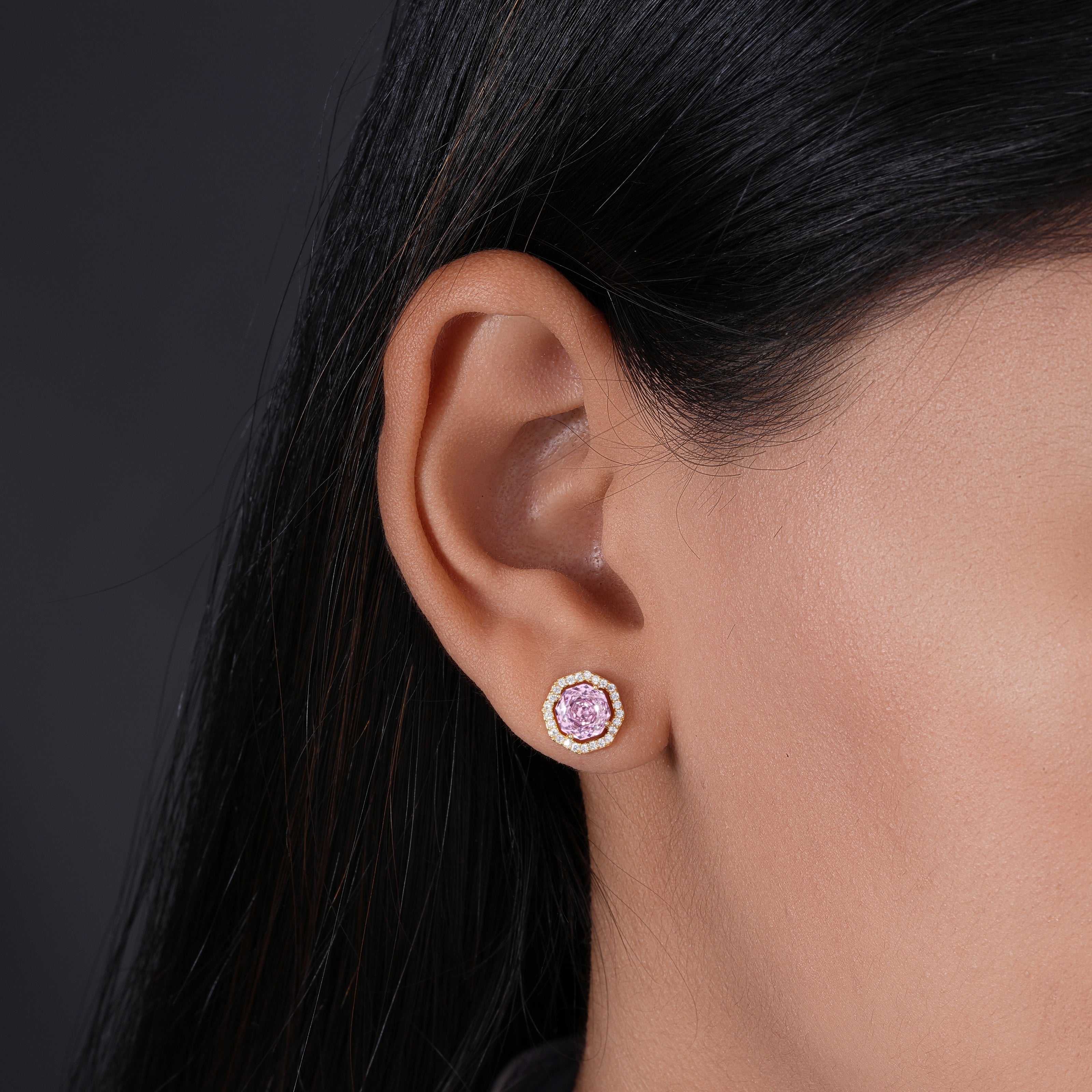 Pink Stone Round Design CZ 925 Sterling Silver Yellow Gold Stud Earrings for Women