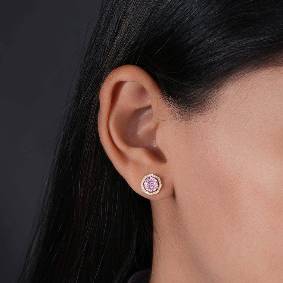 Pink Stone Round Design CZ 925 Sterling Silver Yellow Gold Stud Earrings for Women