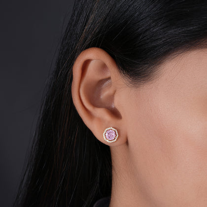 Pink Stone Round Design CZ 925 Sterling Silver Yellow Gold Stud Earrings for Women