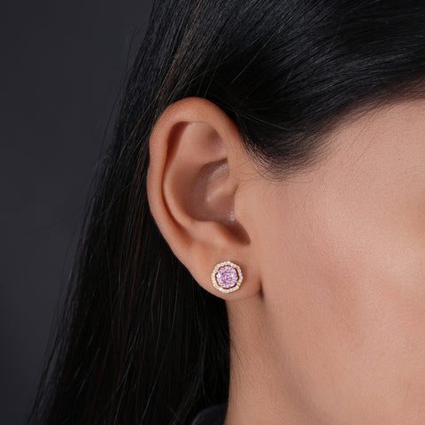 Pink Stone Round Design CZ 925 Sterling Silver Yellow Gold Stud Earrings for Women